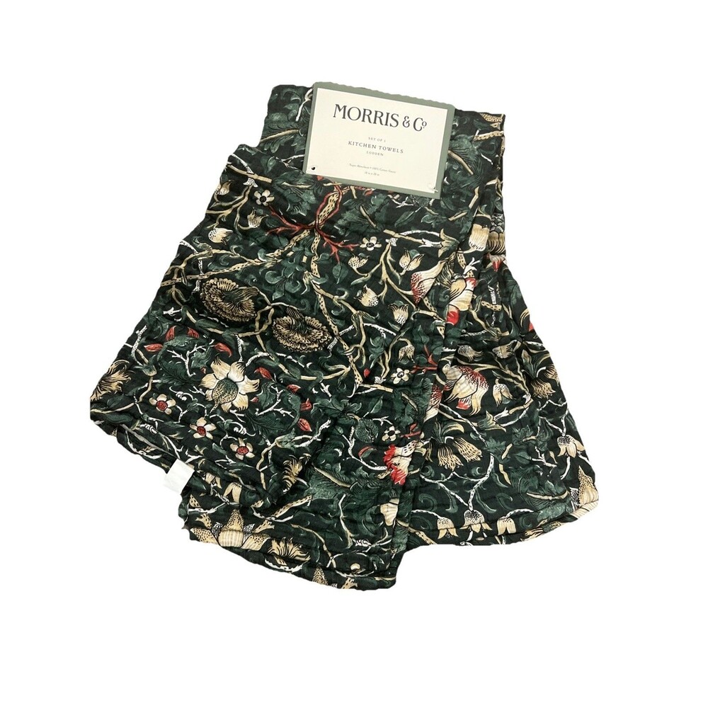 William Morris & Co. Set of 3 Kitchen Towels 100% Cotton Gauze Green Lodden New